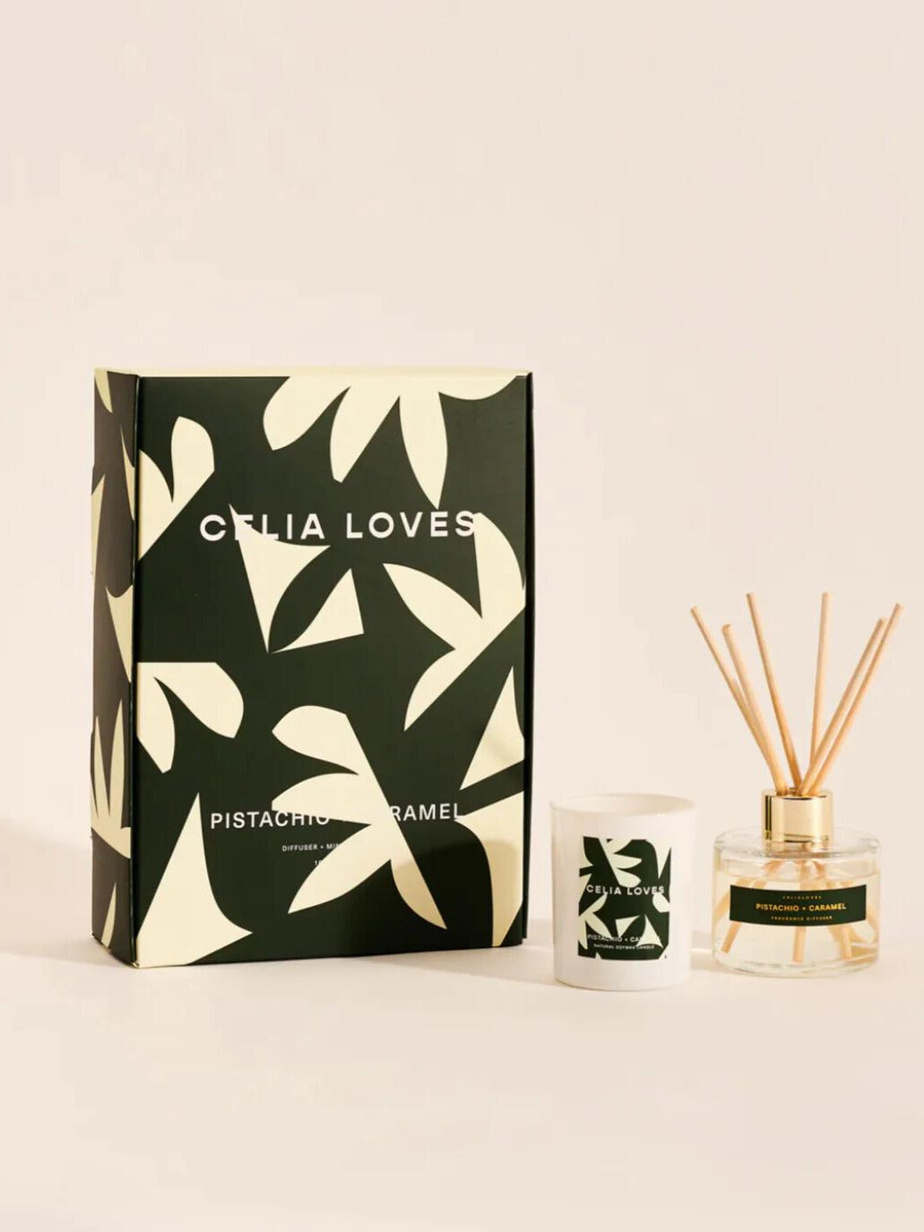 Celia Loves || Duo Set Pistachio + Caramel Diffuser + Mini Candle